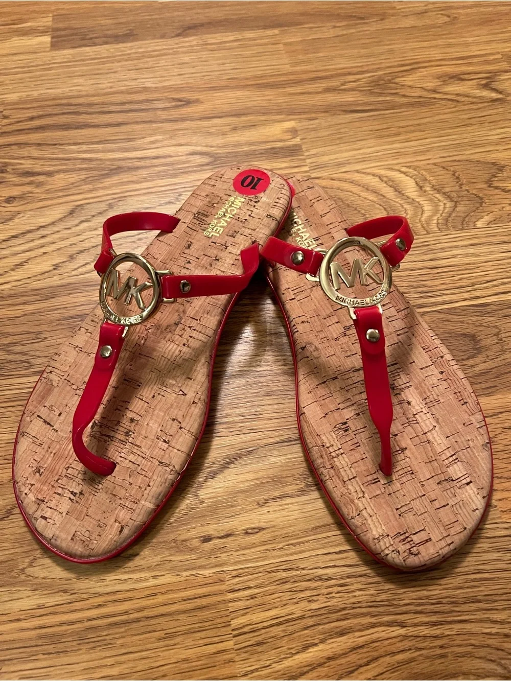 Michael Kors Red Logo Charm Jelly T-Strap Cork Sandals/Flip Flops.